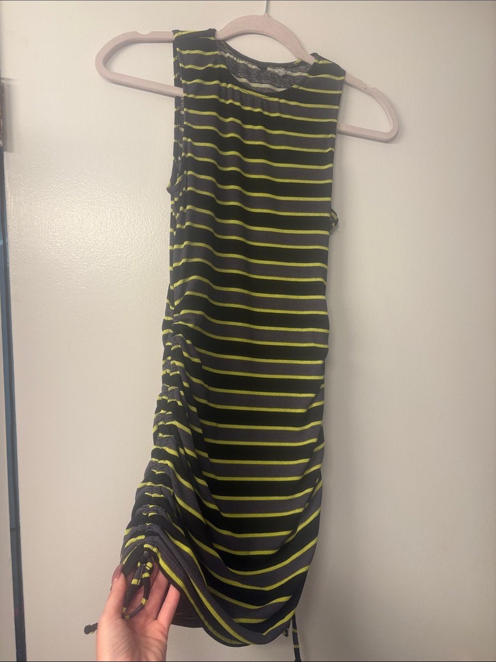 H&M Black and Lime Green Striped Sleeveless Ruched Mini Dress